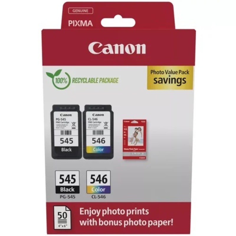 Canon PG-545 / CL-546 Black + Colour Original Ink Cartridge Twinpack + Photo Paper